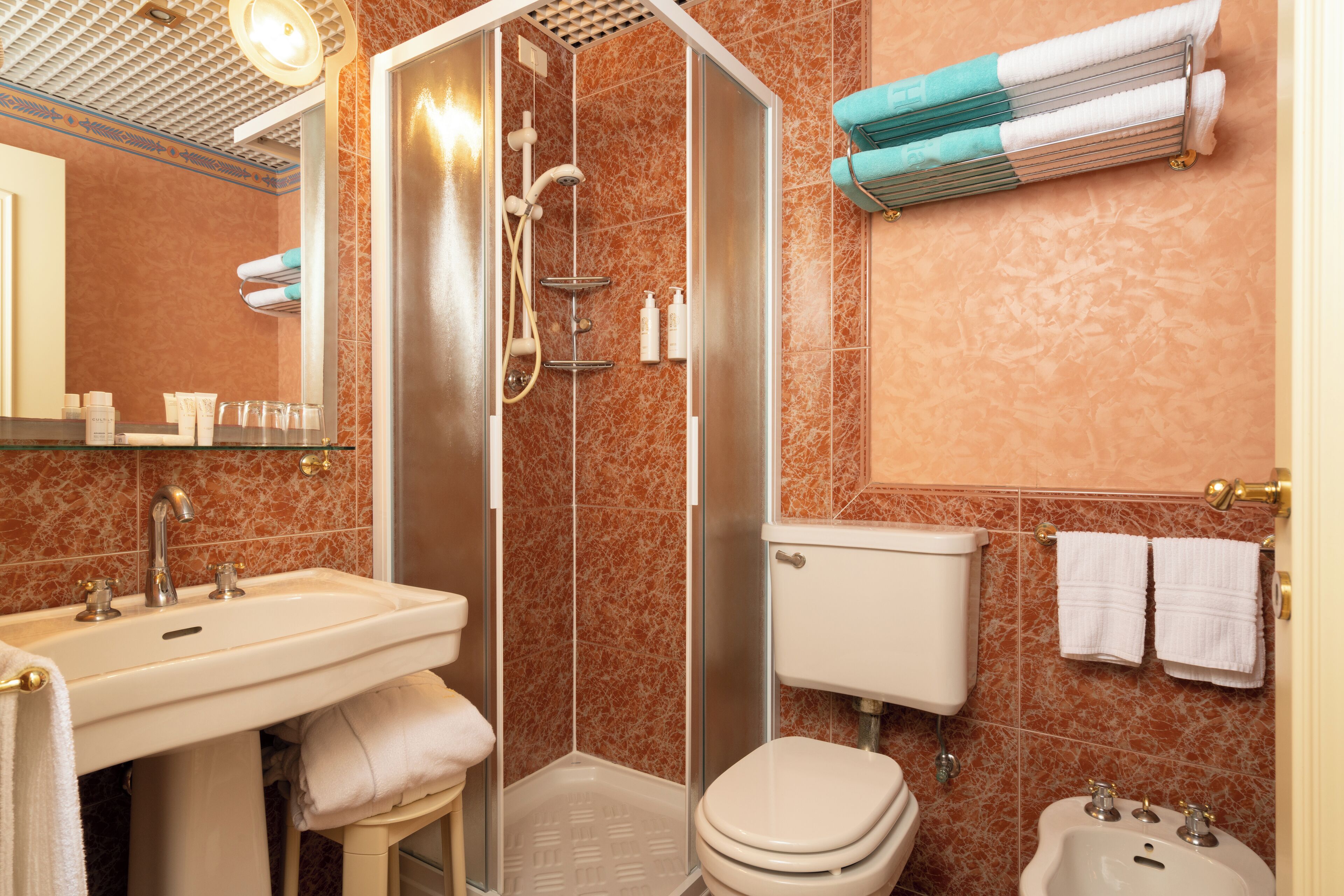 hair dryer, bathrobes, bidet, towels