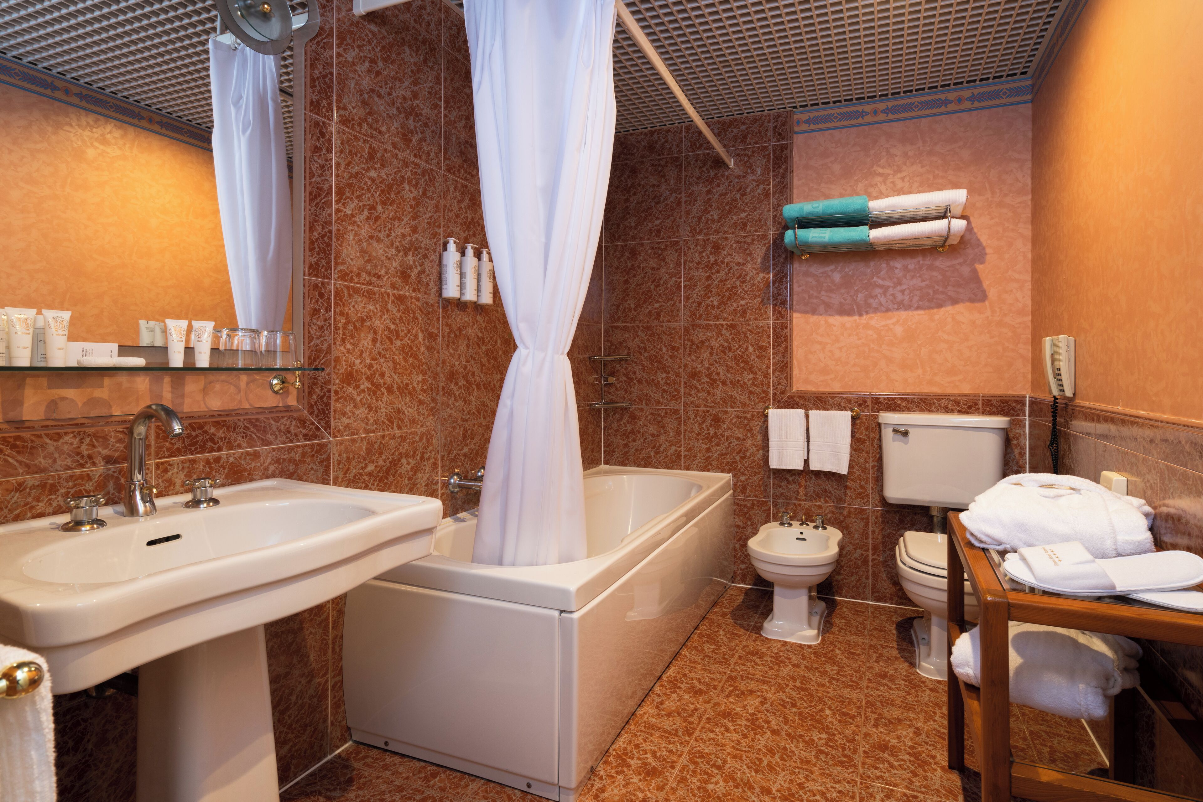 hair dryer, bathrobes, bidet, towels