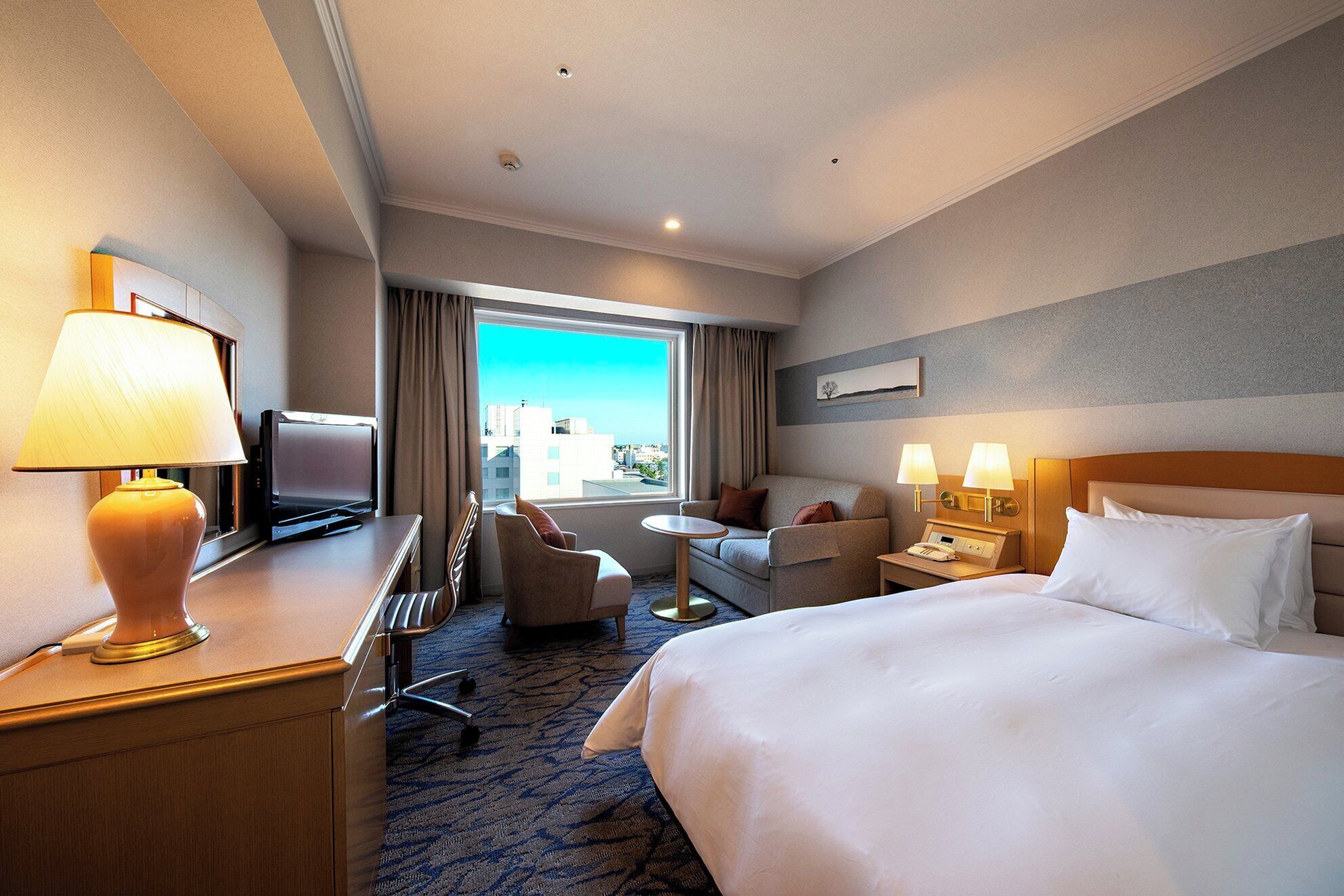A hotel room with a bed, desk, chair, television, and a view of the city.