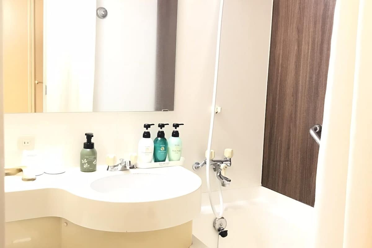 combined shower/bathtub, free toiletries, hair dryer, slippers