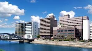 Un front marítim urbà modern amb edificis alts, un pont i una passejada ben cuidada.