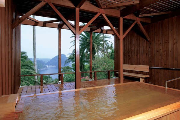 A wooden hot tub with a view of palm trees and mountains.