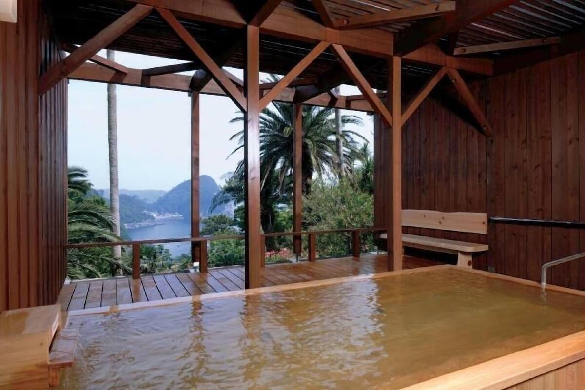 A wooden hot tub with a view of a body of water and palm trees.