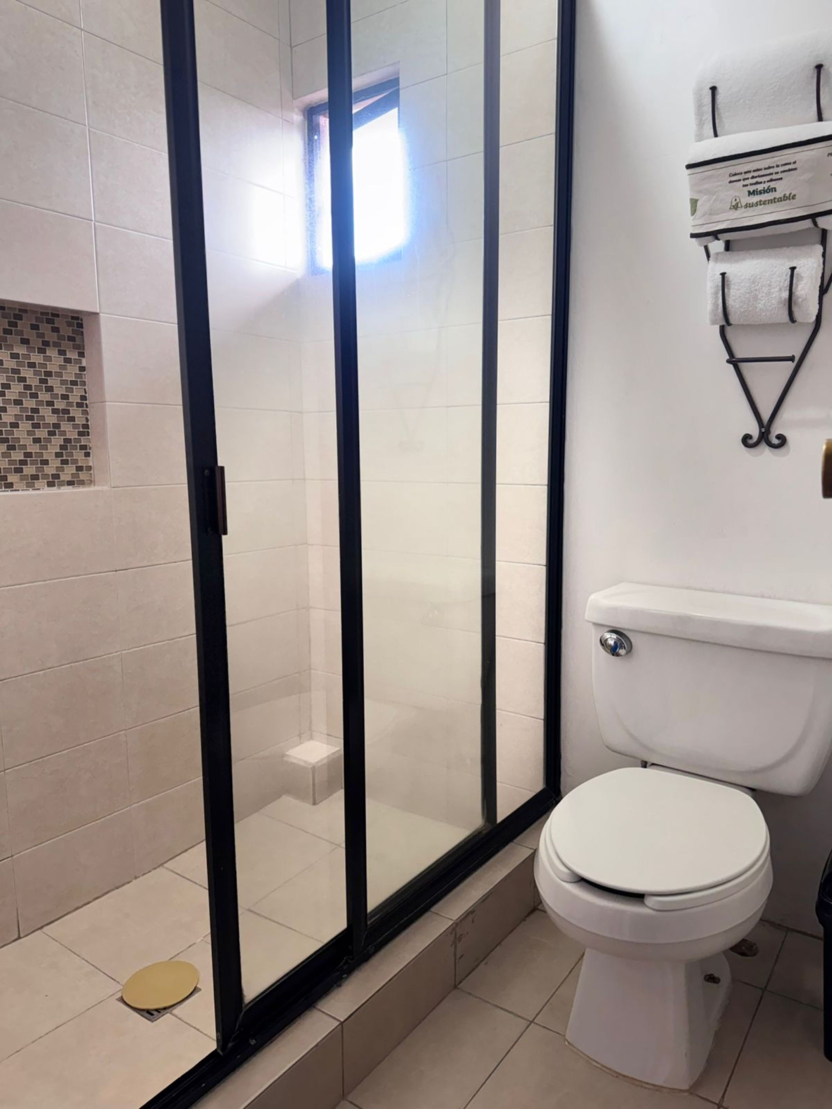 A modern bathroom with a glass-enclosed shower, a toilet, and a small shelf with a towel.