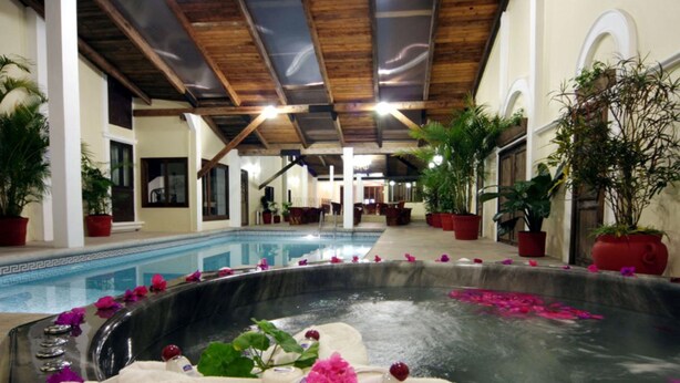 A spa area with a large hot tub surrounded by potted plants and flowers.