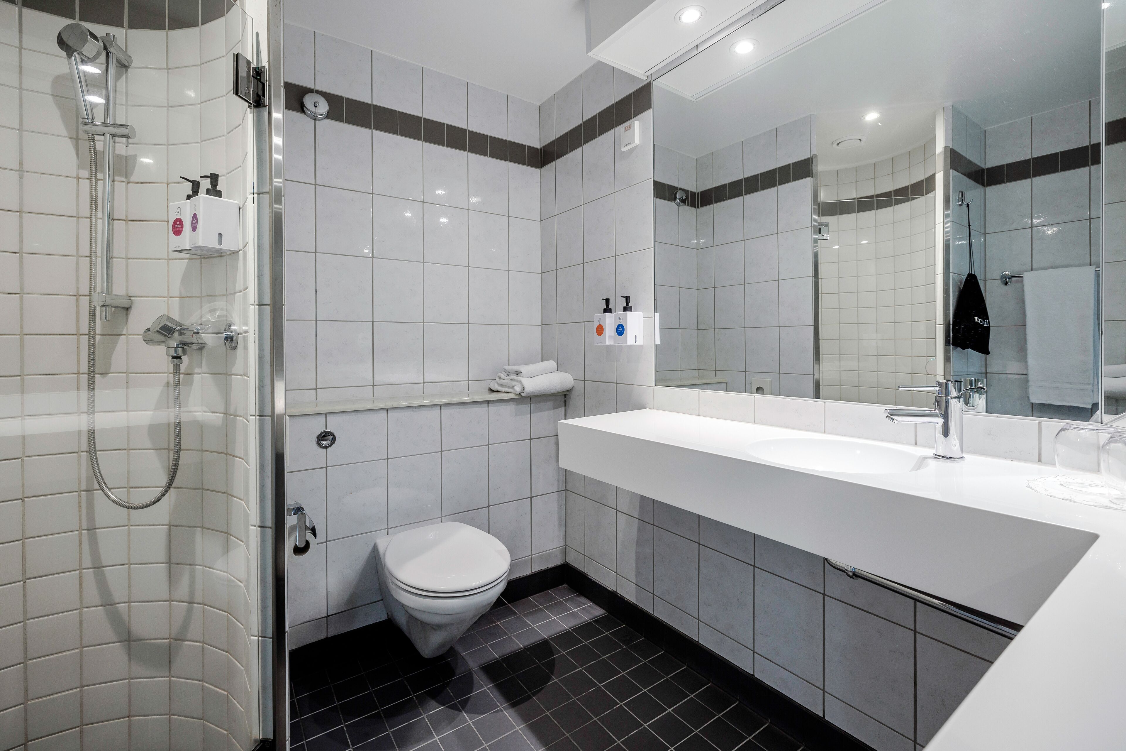 A modern bathroom with a shower, toilet, and a large mirror.