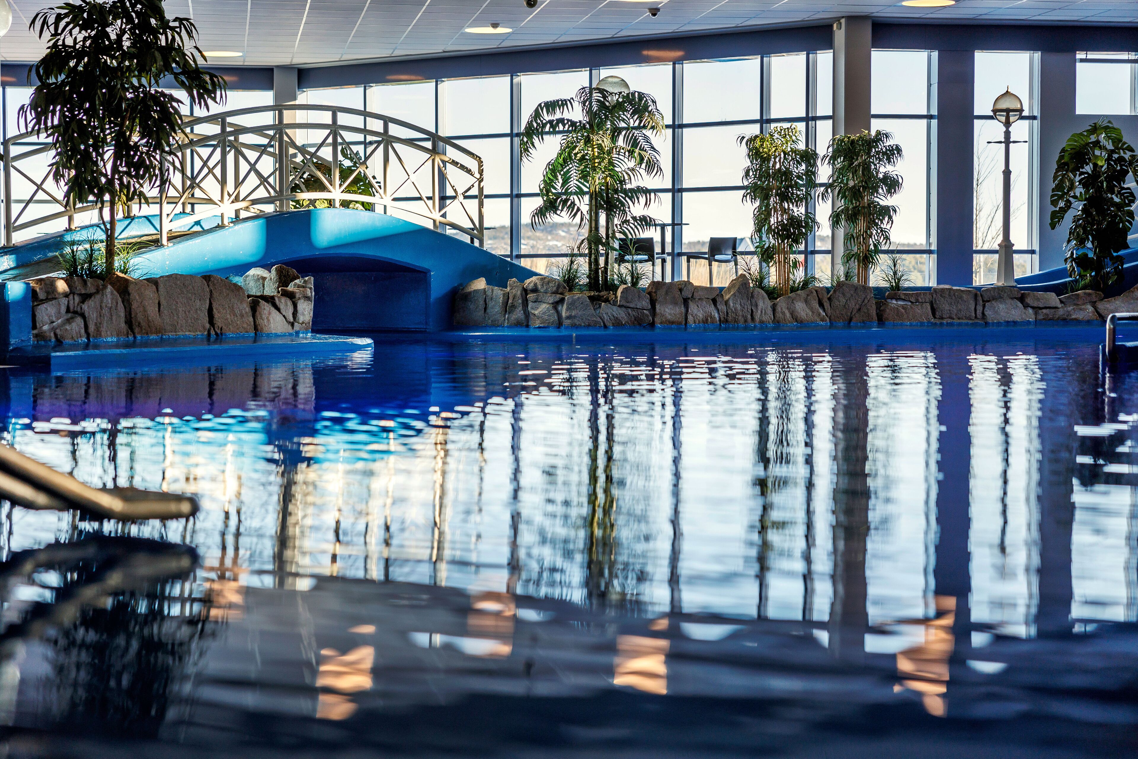 An indoor swimming pool with a blue slide, palm trees, and a view of the outside through large windows.