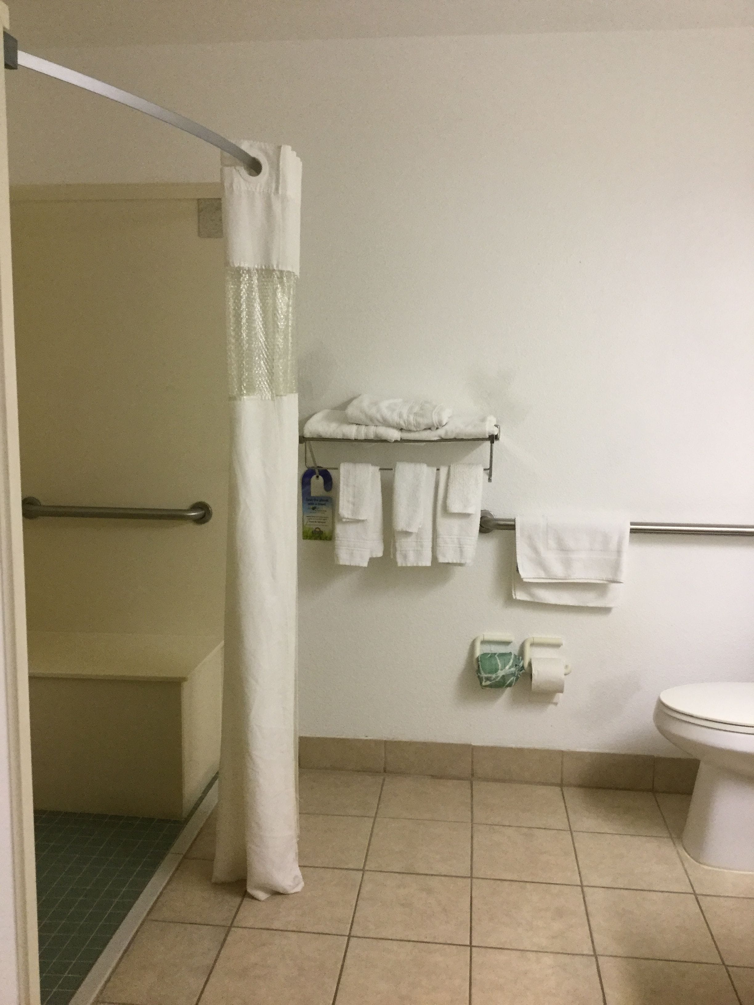 Un baño con ducha, inodoro y toallero.