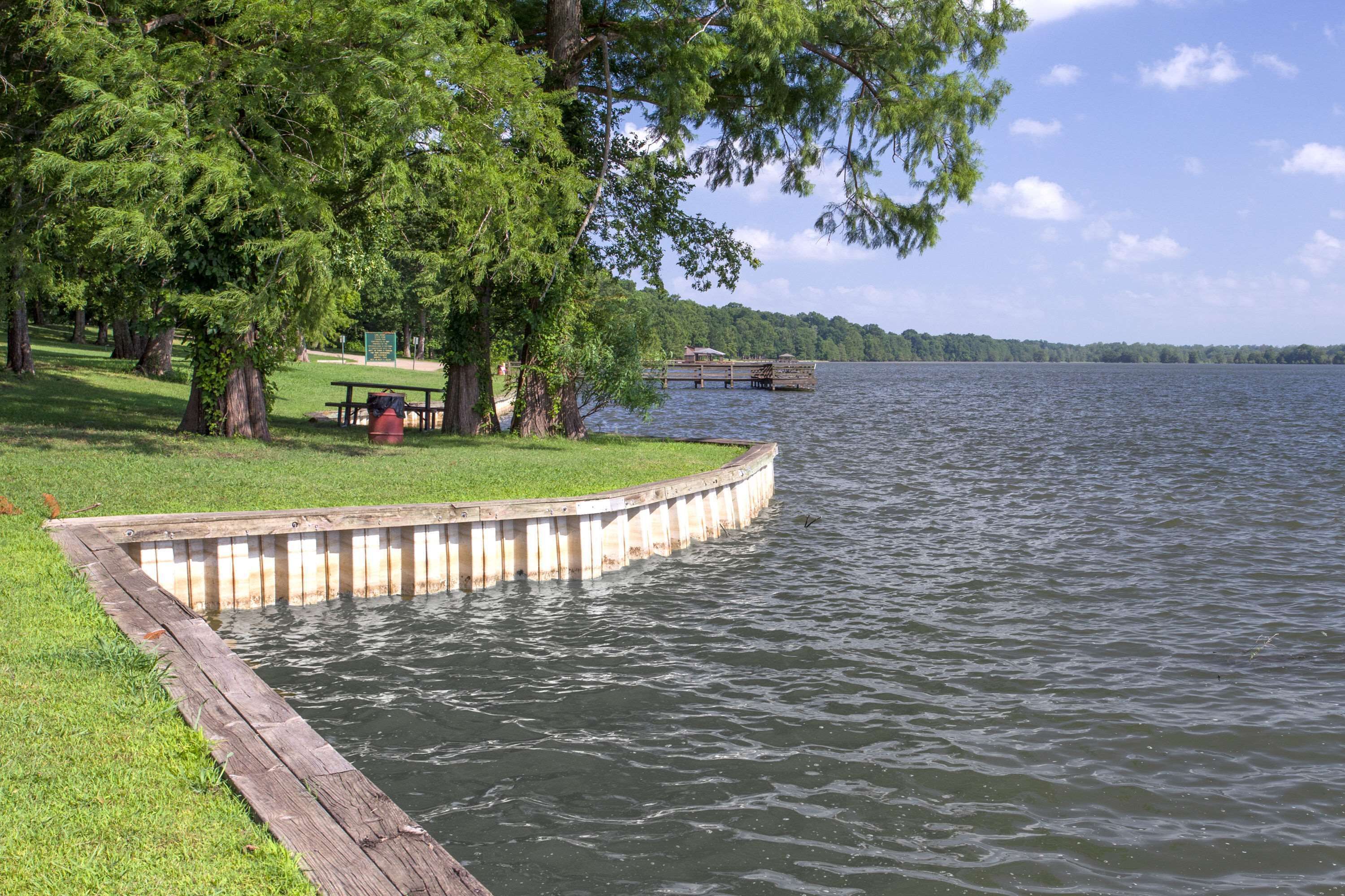Un parque junto al lago con un muelle de madera, una mesa de picnic y bancos.