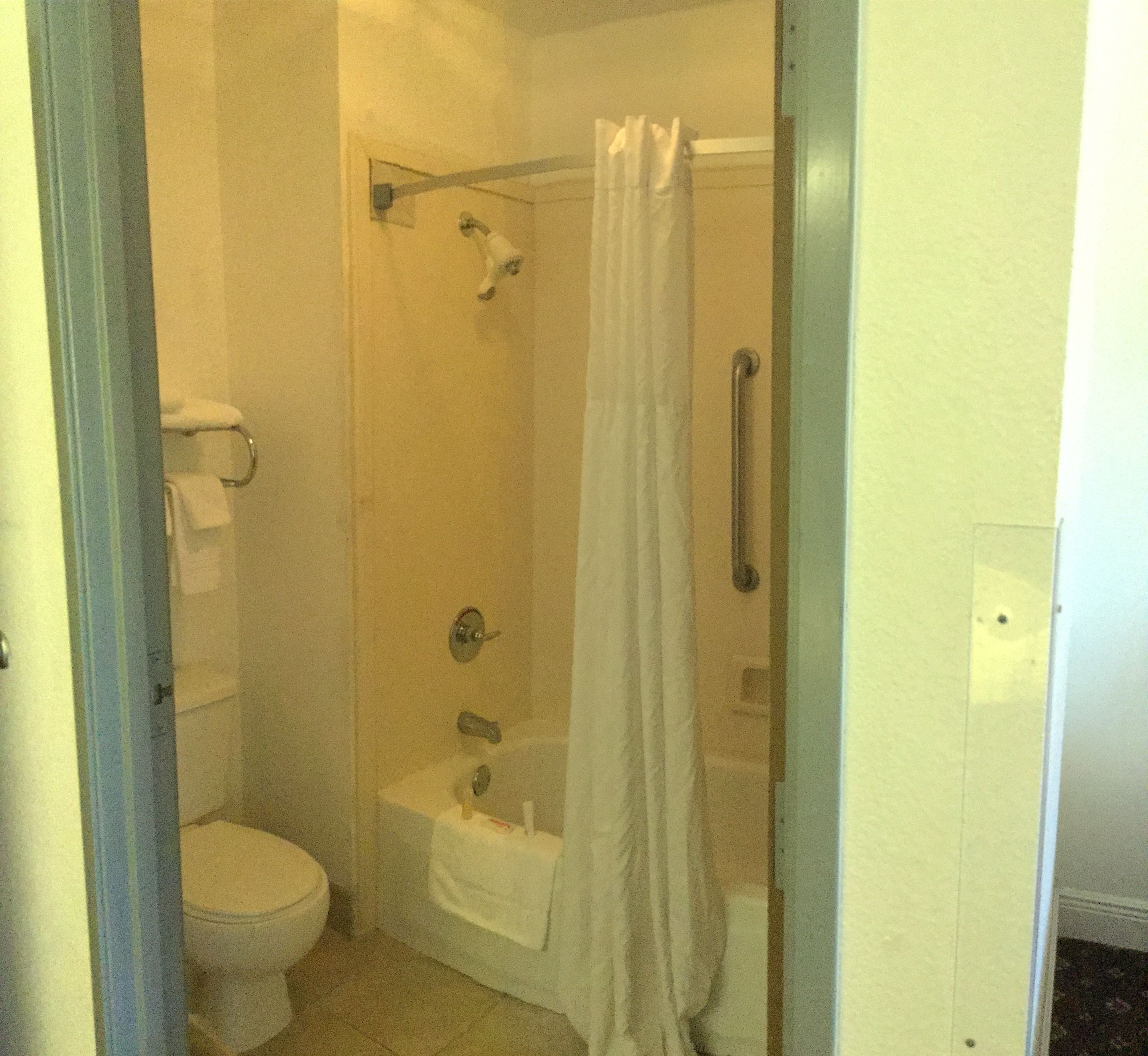 A small, enclosed shower area with a toilet and a shower curtain.