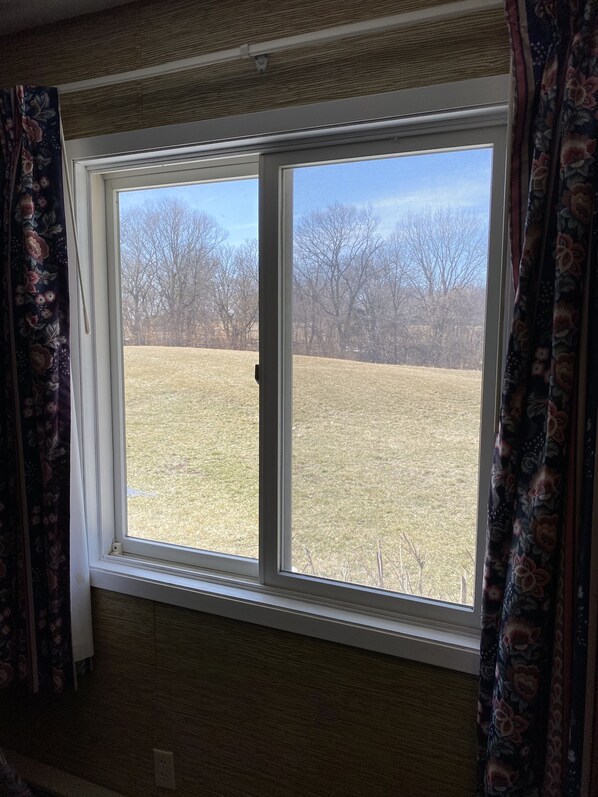 A room with a large window, a wall-mounted thermostat, and a power outlet. - Burr Oak Motel (Algona)