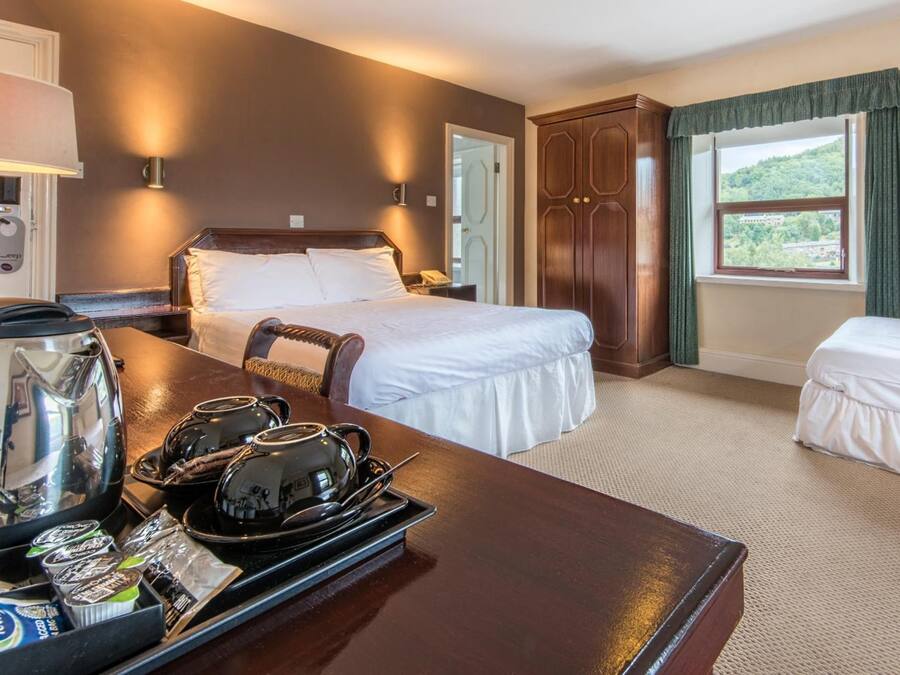 A hotel room with a large bed, a bedside table with a kettle and tea packets, a wooden wardrobe, and a window with a view of greenery.