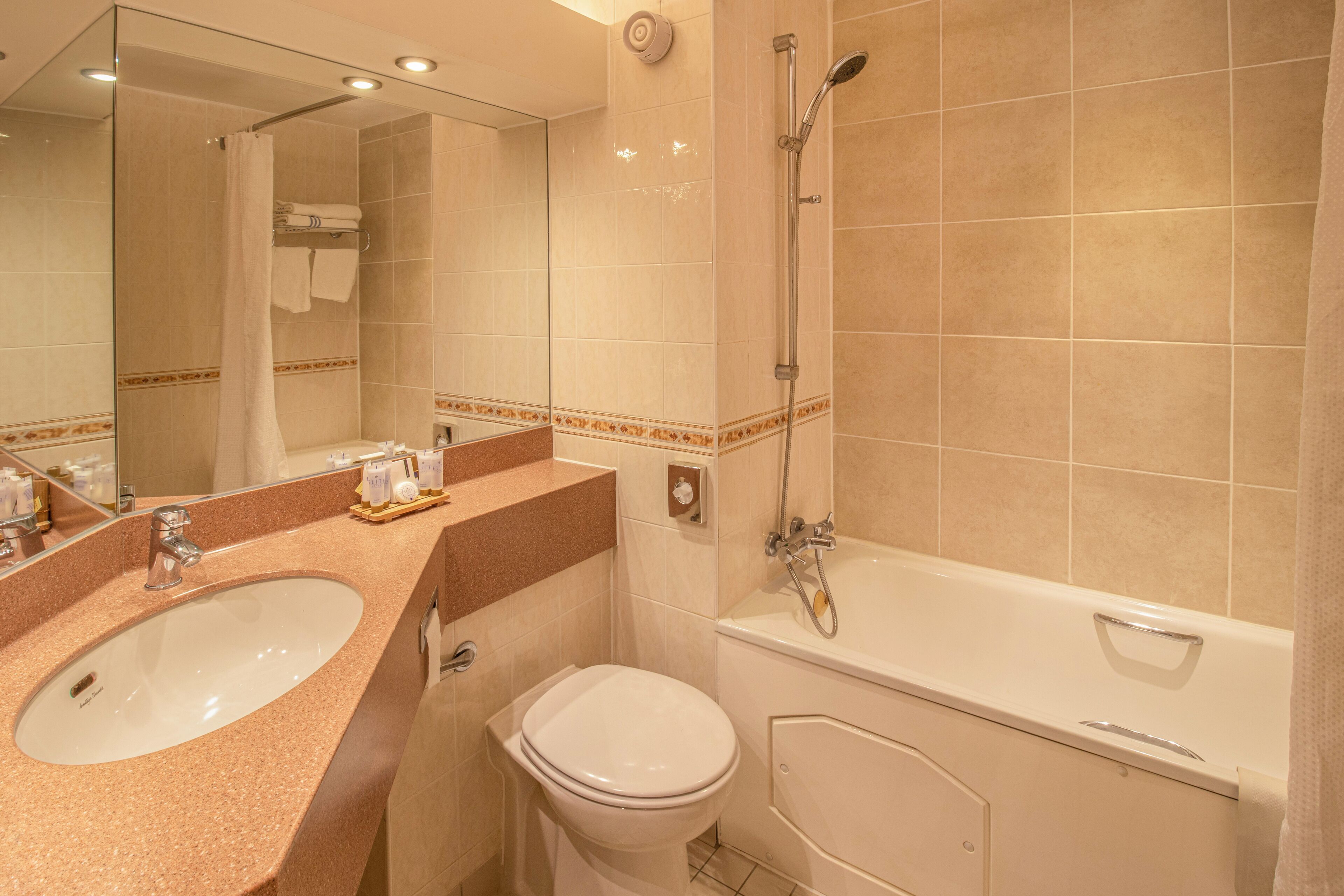 A bathroom with a double sink, toilet, and bathtub.