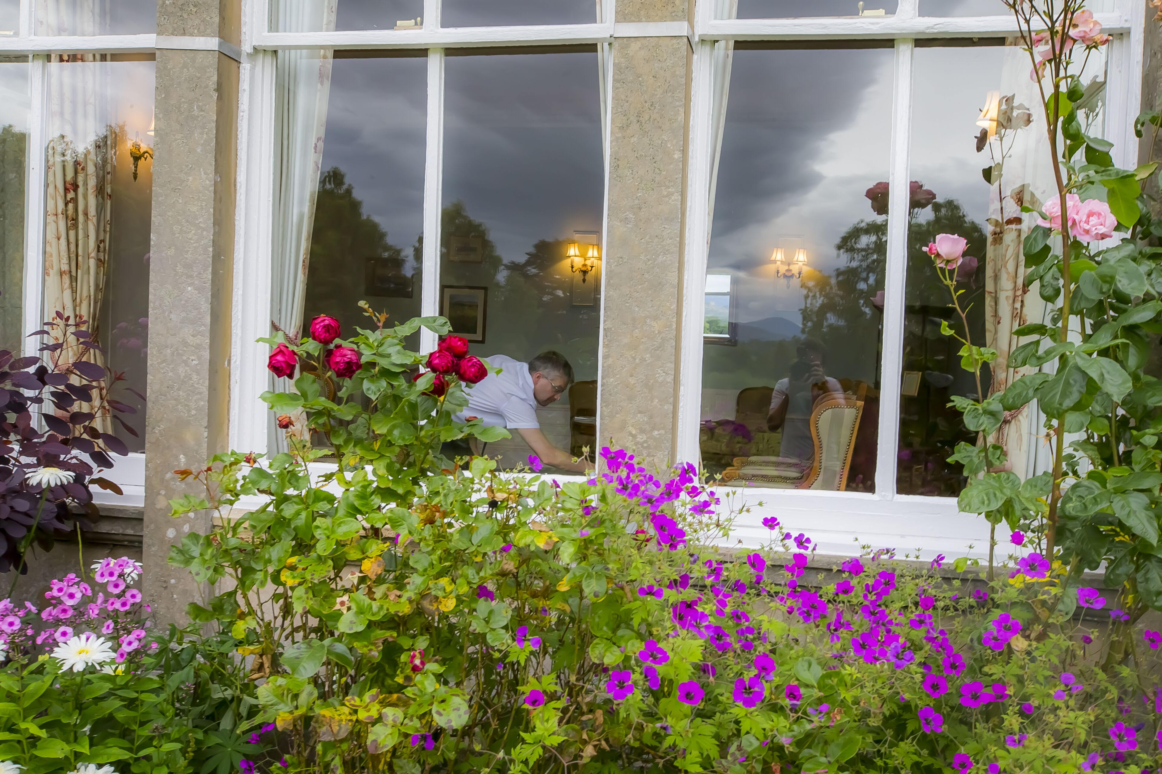 A window with a view of a garden, a person inside, and a reflection of a chandelier.