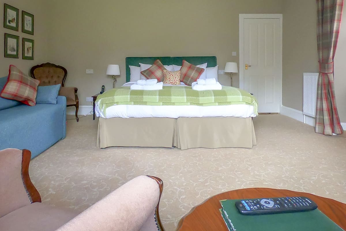Une chambre d’hôtel avec un lit, un canapé, une chaise et une table sur laquelle se trouve une télécommande.