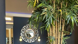 A modern living room with a dark blue sofa, a decorative mirror, and a large bamboo plant.