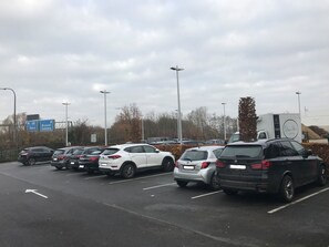 Guests can park their vehicles in designated spaces.