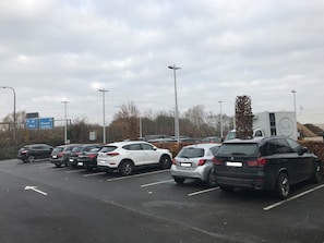 Guests can park their vehicles in designated spaces.