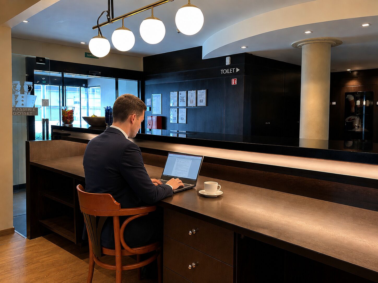 A man working at a wooden desk in a modern cafe with a laptop, a cup of coffee, and a visible menu board.