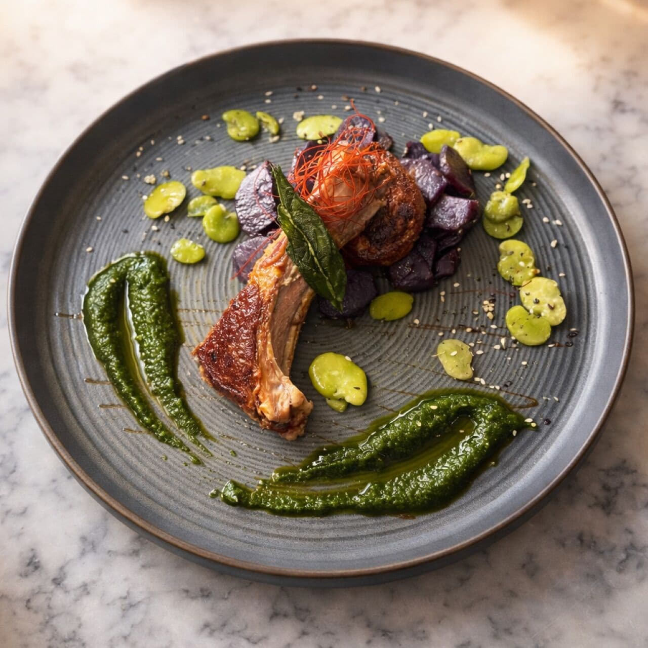 A plate with food, including a piece of meat, green vegetables, and a green sauce.