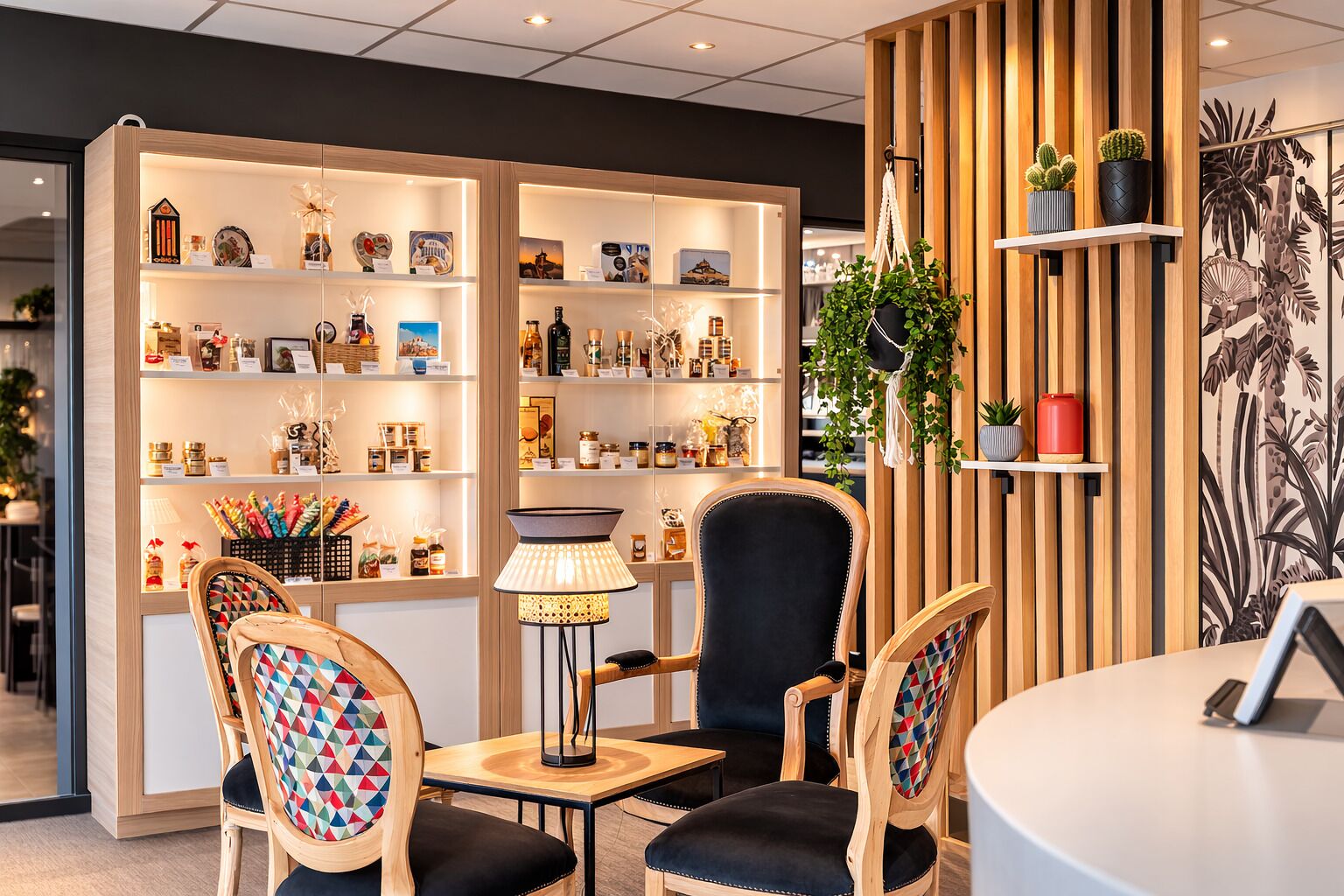 Un intérieur chaleureux, avec des meubles en bois, une table, des chaises, une lampe et des étagères remplies de divers objets.