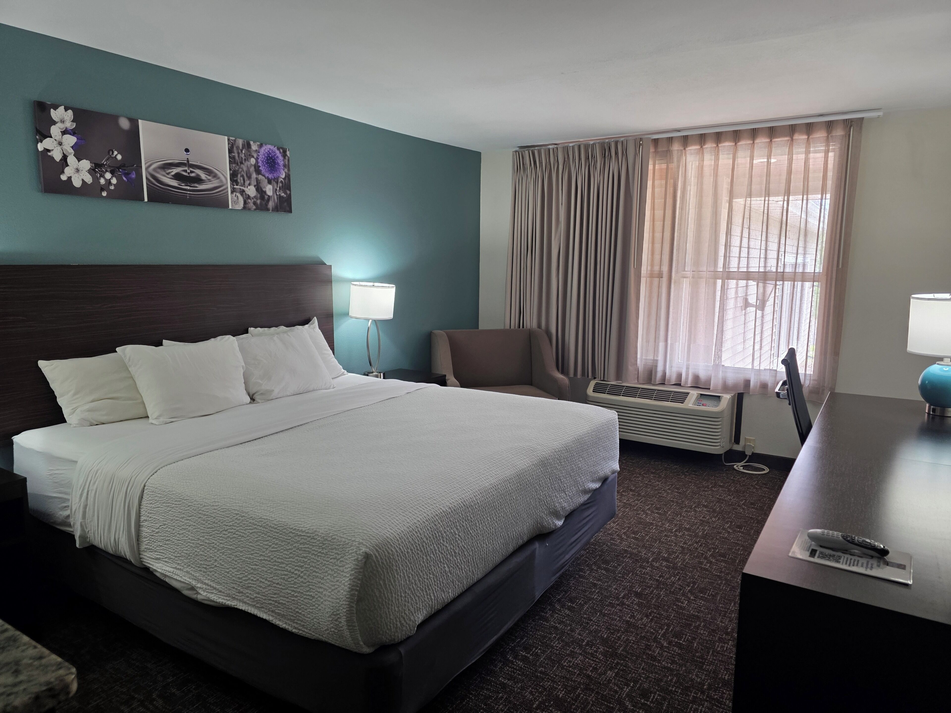 Hypo-allergenic bedding, in-room safe, blackout curtains