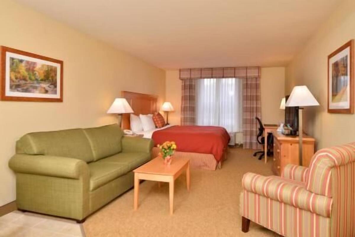 A hotel room with a green sofa, a striped armchair, a wooden table, a bed with a red blanket, two bedside lamps, and a window with curtains.