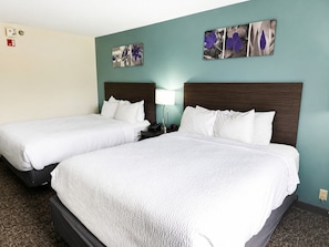 Hypo-allergenic bedding, blackout curtains, iron/ironing board