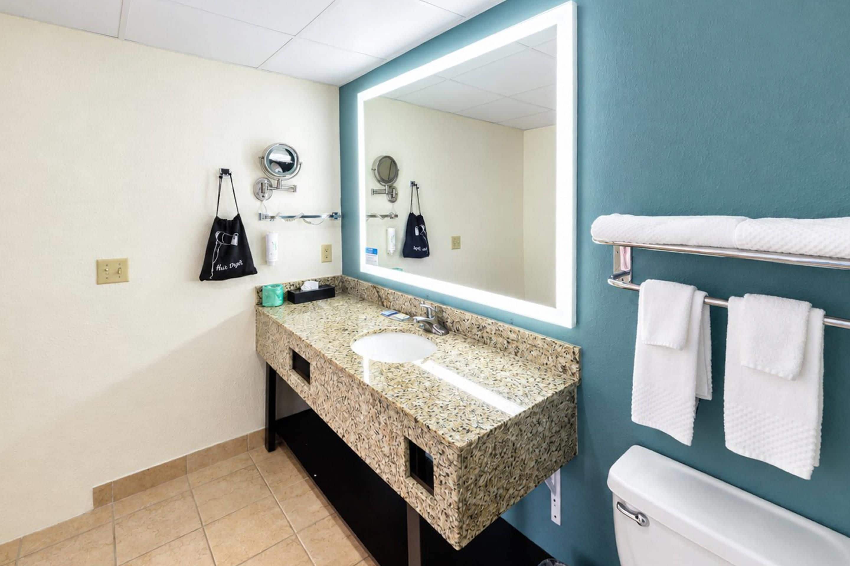 Un baño con lavamanos de granito, un espejo grande, un perchero para toallas y un inodoro.