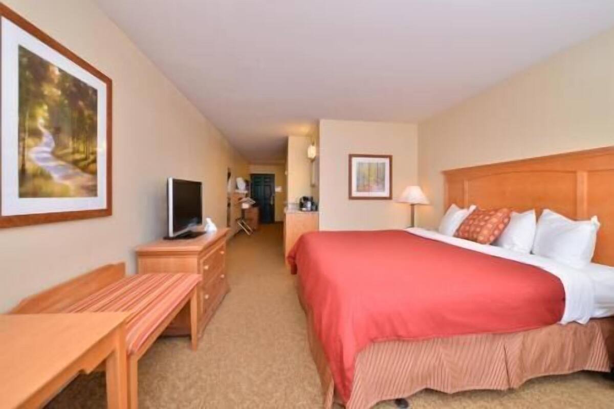 A hotel room with a bed, a desk, a television, and a painting on the wall.