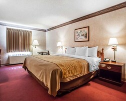Una habitación de hotel con una cama grande, dos mesitas de noche con lámparas, una ventana con cortinas, un radiador y un cuadro en la pared.