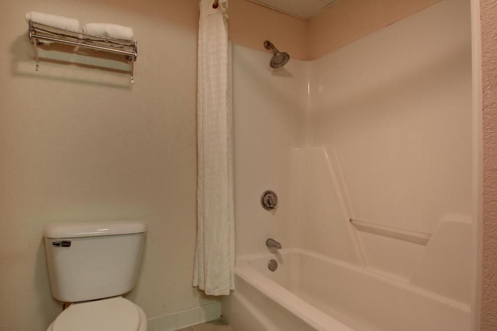 A bathroom with a toilet, a shower, and a towel rack.