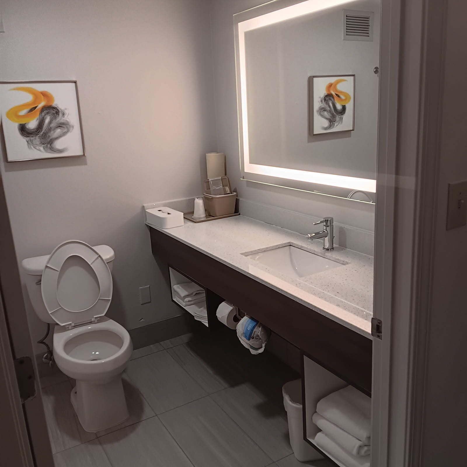 A modern bathroom with a white toilet, a sink with a mirror above, and a trash bin.