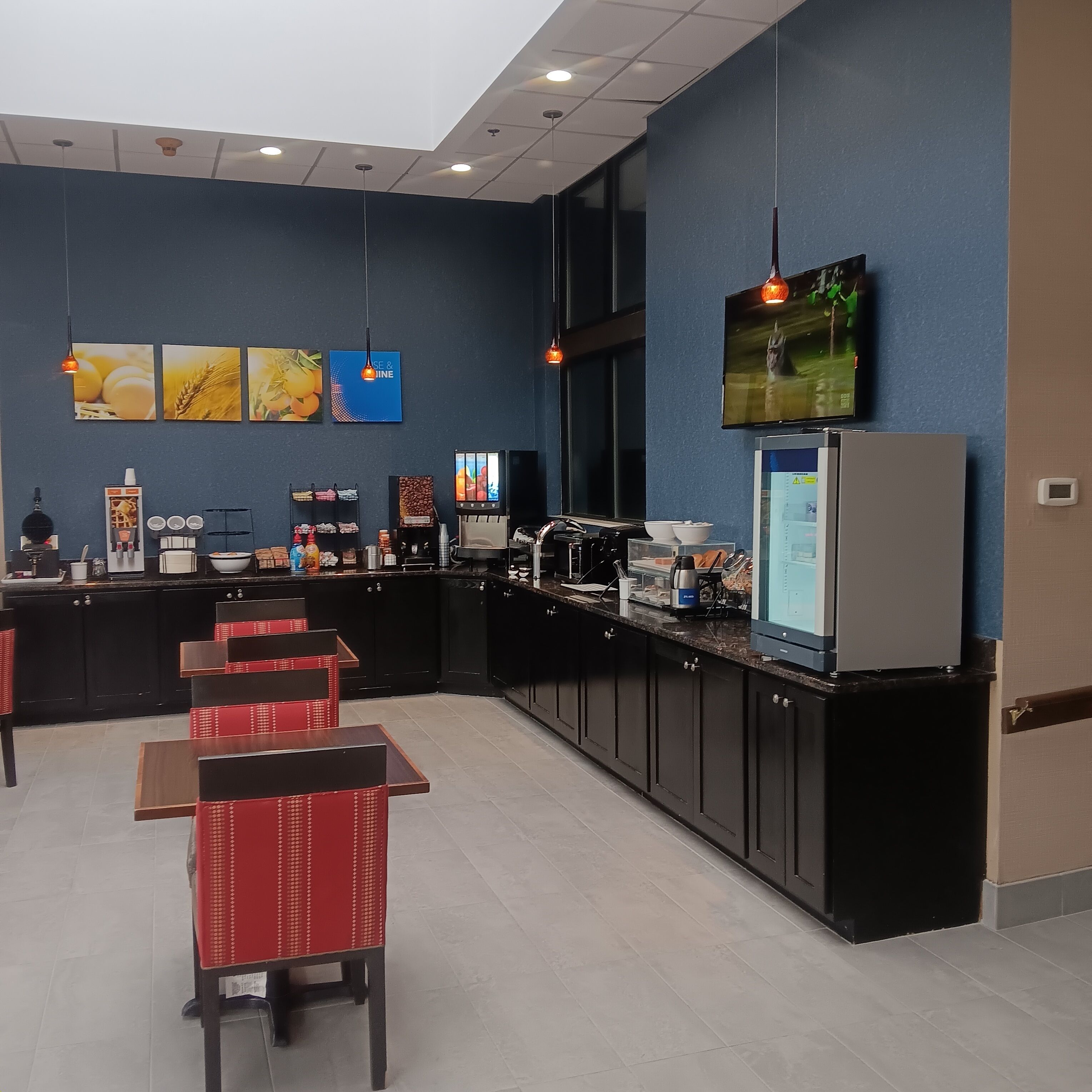 A modern restaurant with a counter, seating area, and kitchen.