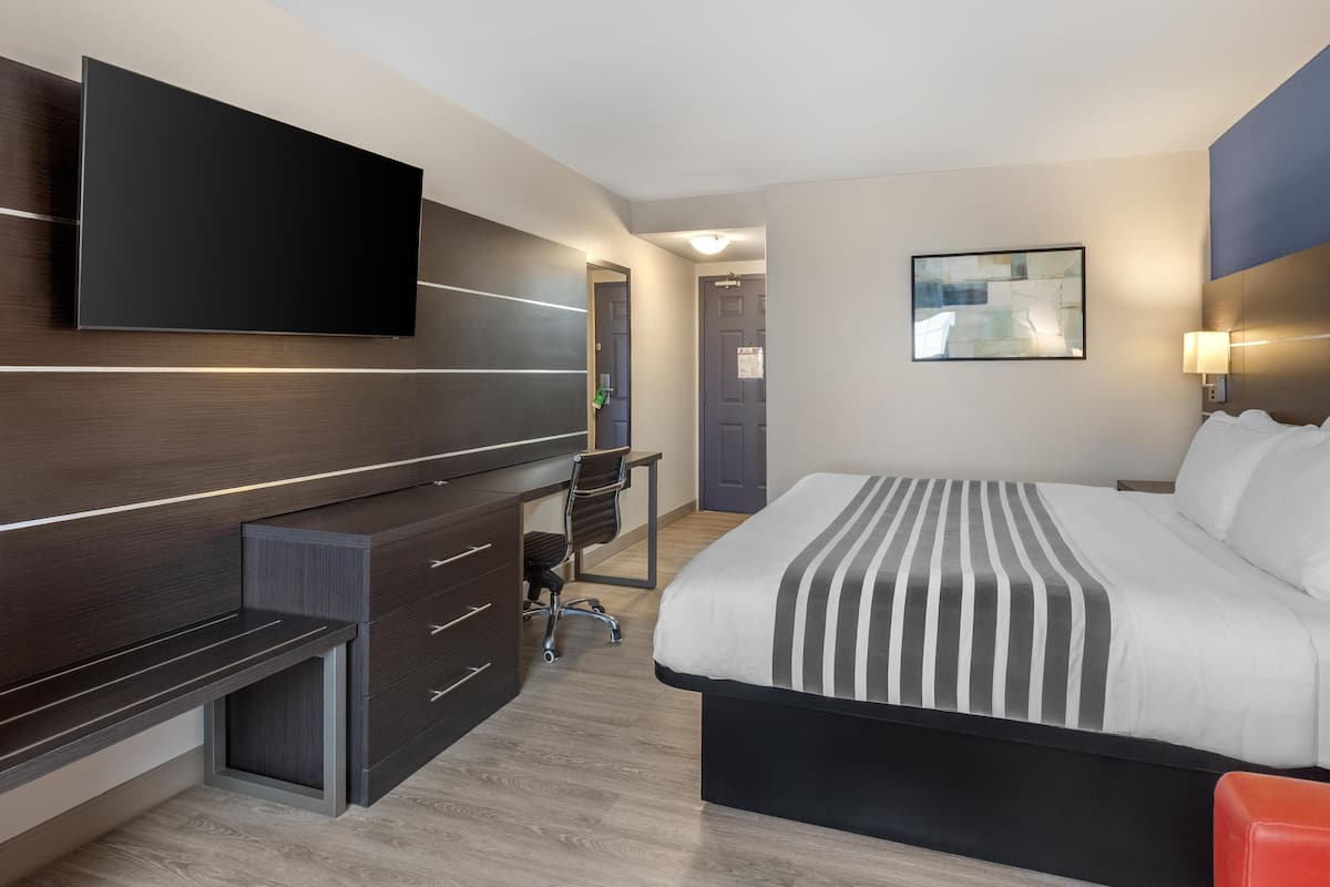 Ein modernes Hotelzimmer mit einem großen Bett, einem Schreibtisch mit Stuhl, einem Flachbildfernseher und einem Bild an der Wand.