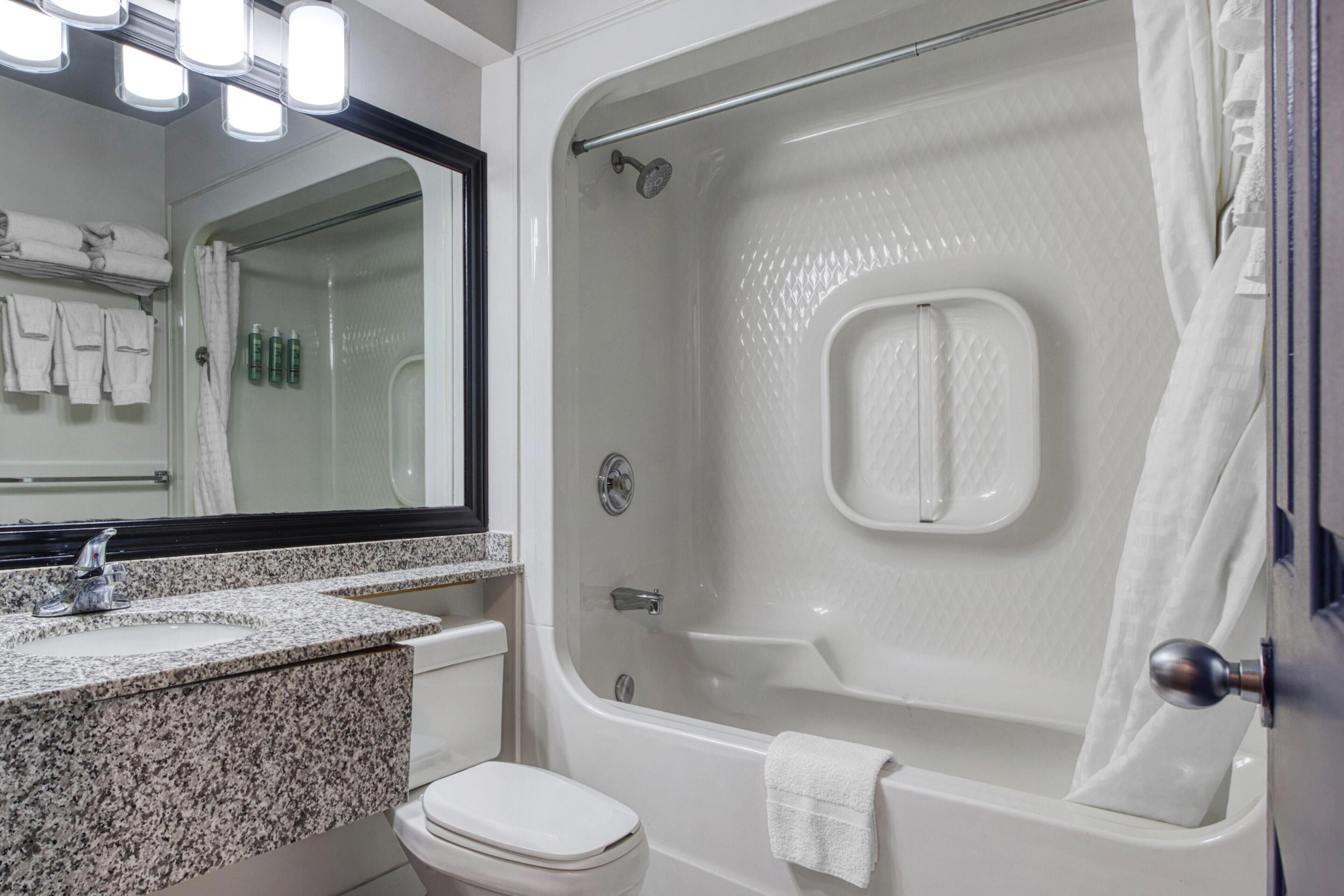 A bathroom with a shower, toilet, sink, and a large mirror.