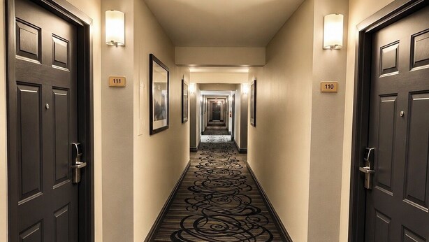 Un couloir d’hôtel avec des portes sombres, des panneaux indiquant le numéro des chambres et un tapis à motifs.