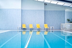 Indoor pool, open 10:00 AM to 8:00 PM, sun loungers