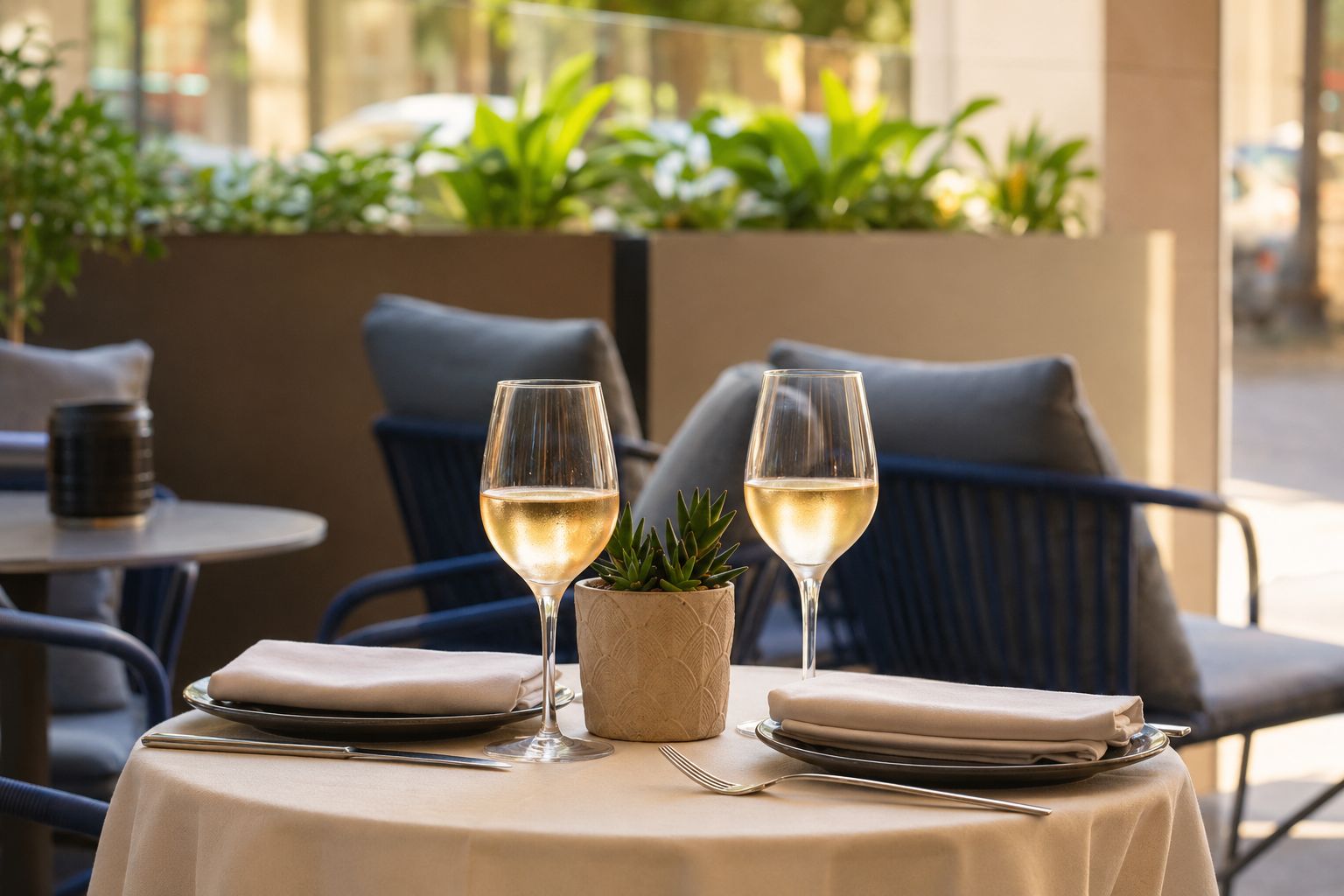 An outdoor dining area with two tables, each set with plates, cutlery, and glasses of white wine.