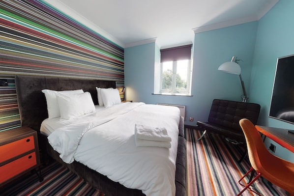 Desk, laptop workspace, blackout curtains, iron/ironing board