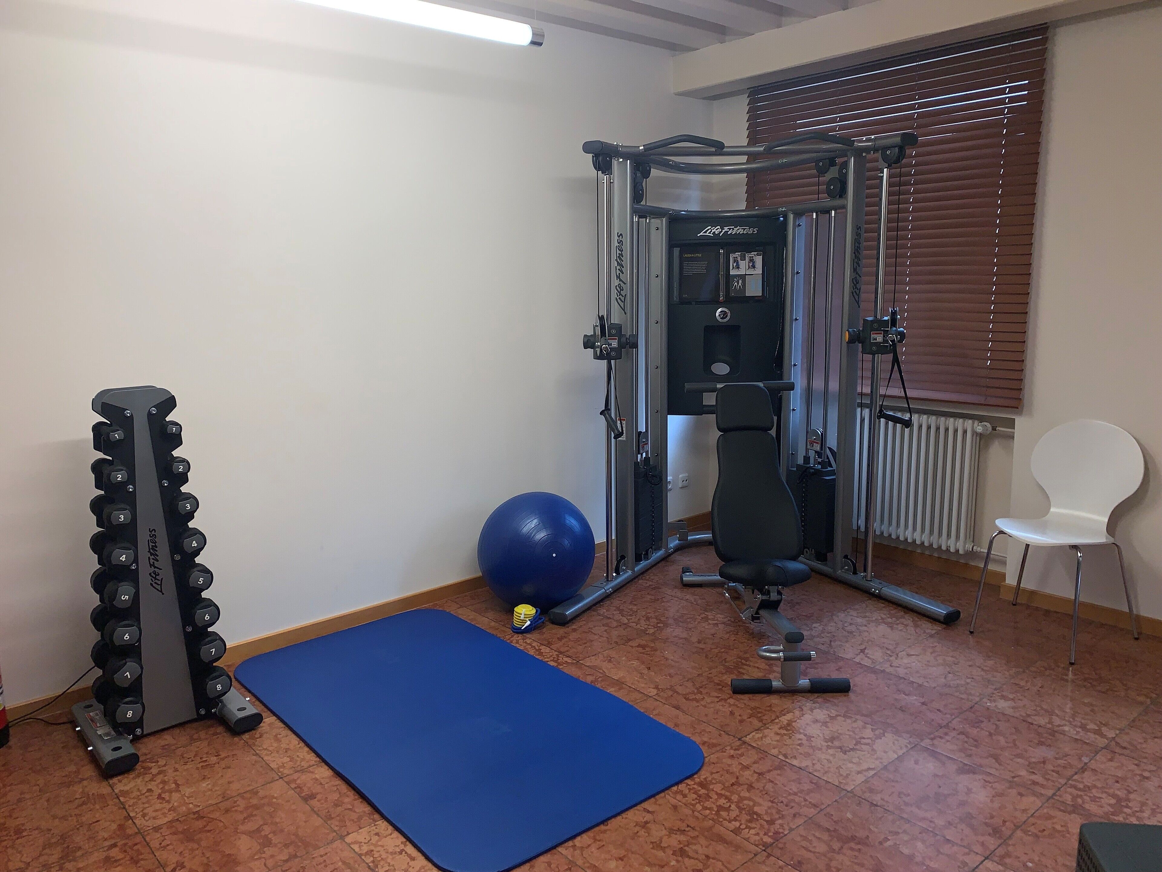 A gym with a squat rack, blue mat, exercise ball, and a white chair.