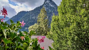 Un paisaje montañoso con un pico destacado, árboles verdes exuberantes y un edificio con tejado de tejas.