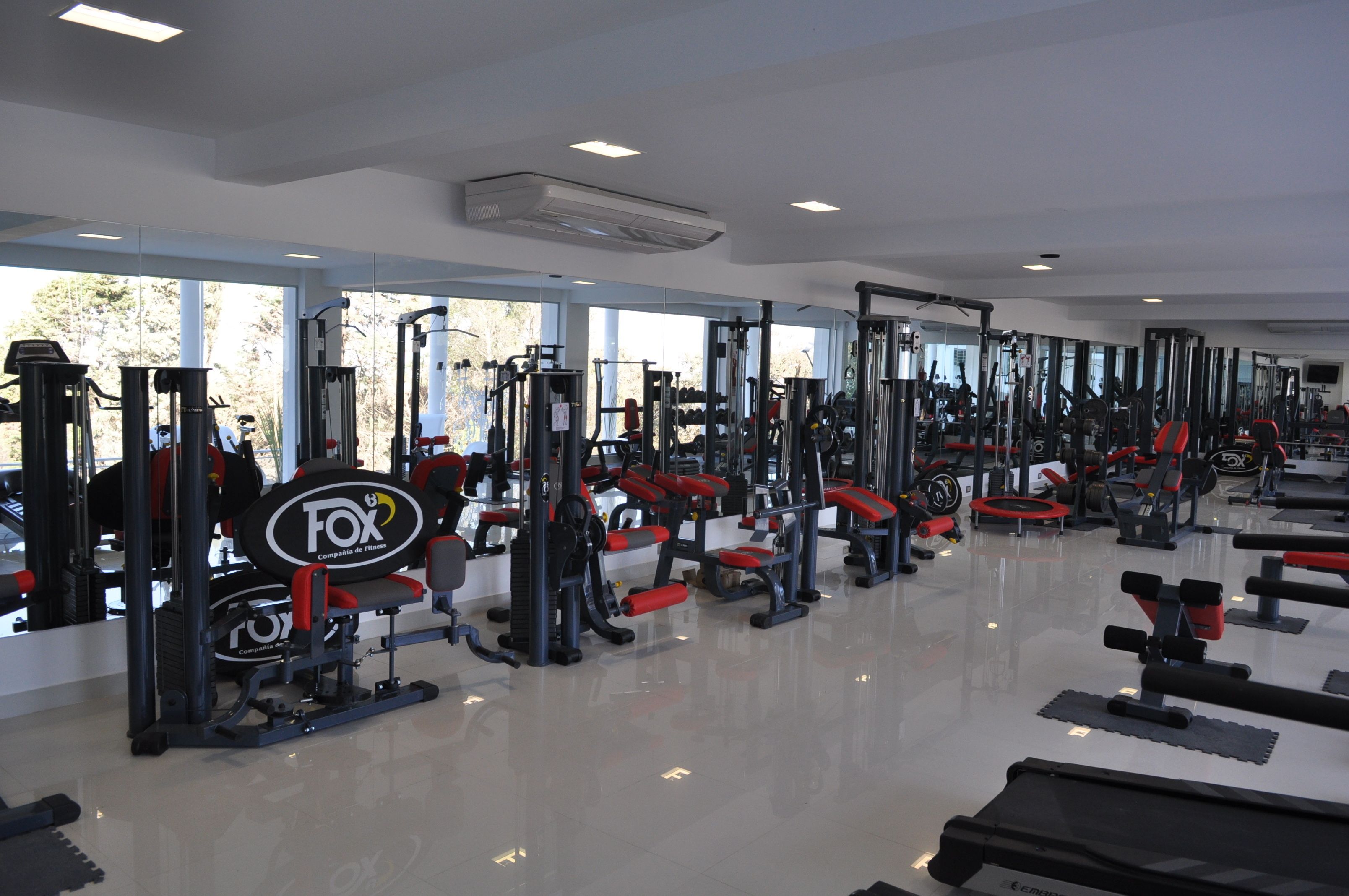 Un gimnasio con diversos equipos de ejercicio, amplias ventanas y un diseño moderno y limpio.