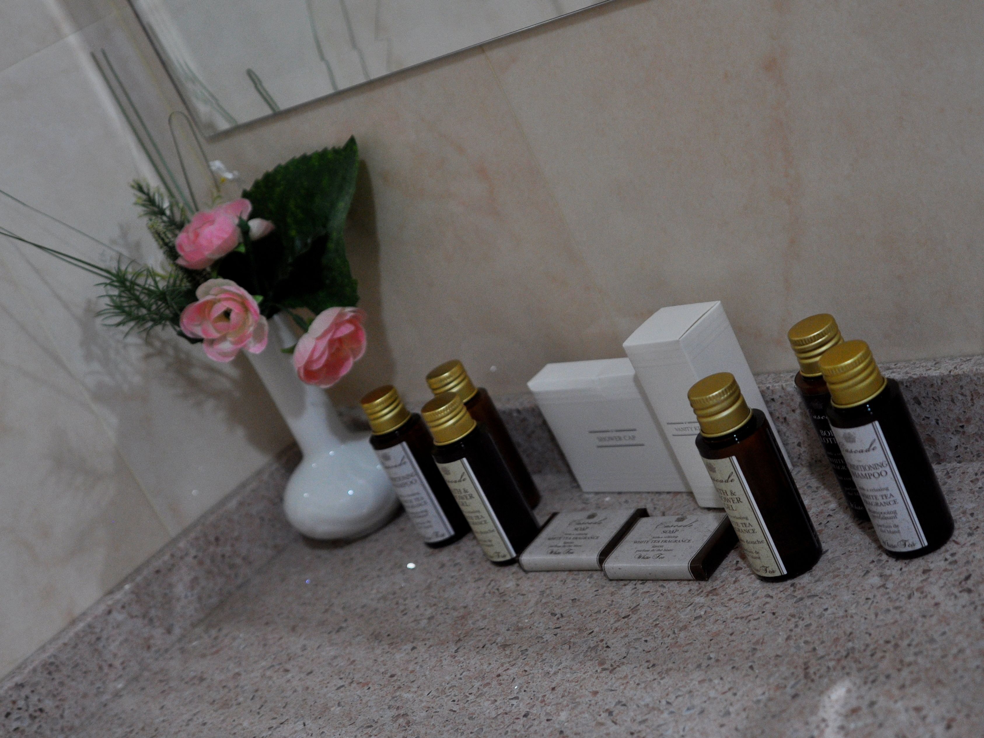 free toiletries, hair dryer, slippers, towels