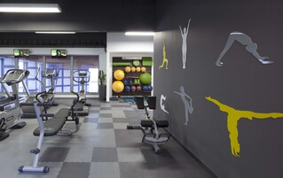 Academia com esteiras, máquinas elípticas e uma parede com silhuetas de exercícios.