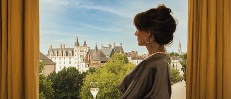 A person overlooking a historic building with multiple spires and a church steeple.