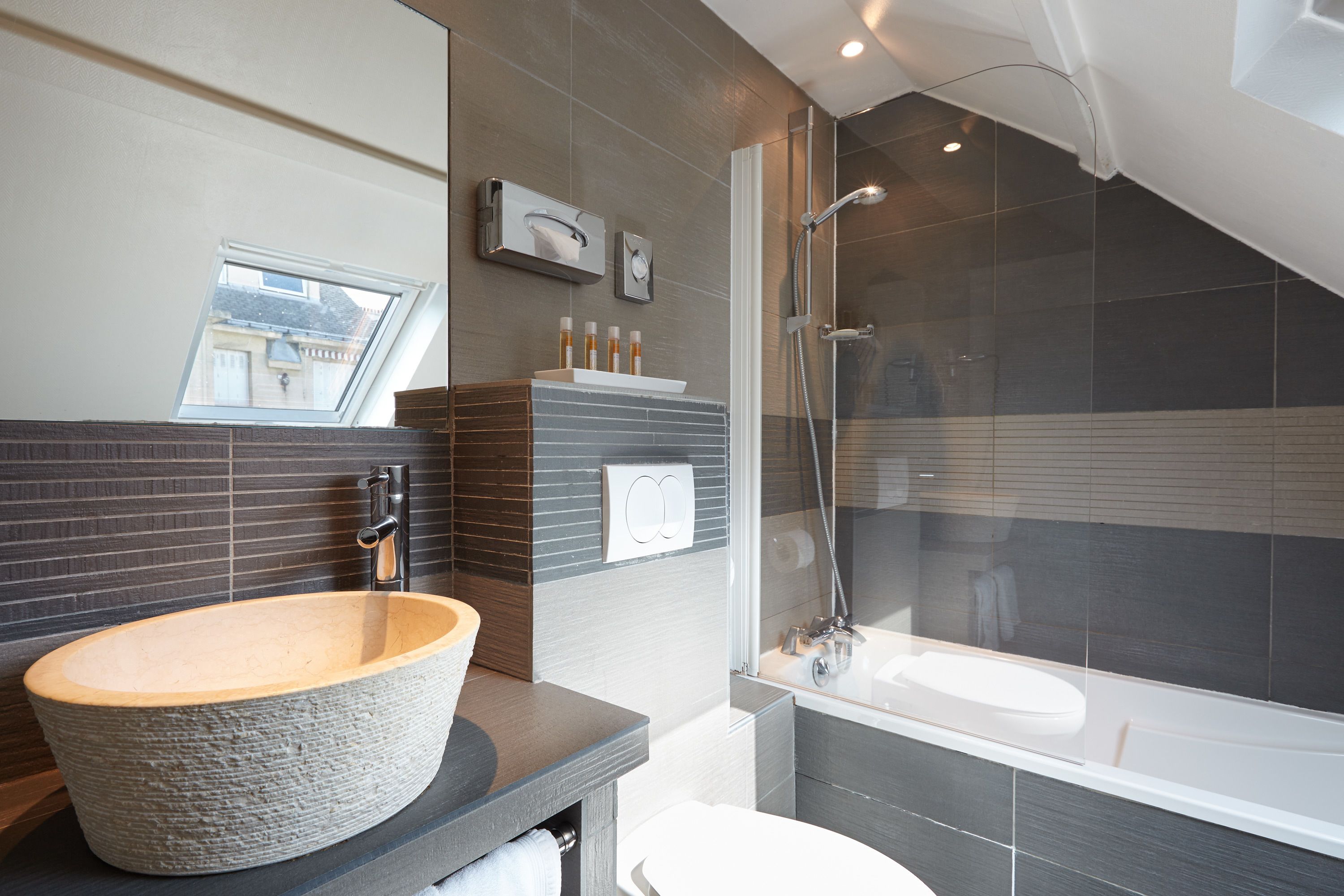 free toiletries, hair dryer, slippers, towels