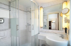 Hair dryer, towels, soap, shampoo