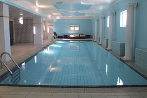 Indoor pool, outdoor pool, pool loungers