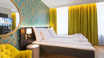 Minibar, desk, laptop workspace, blackout curtains